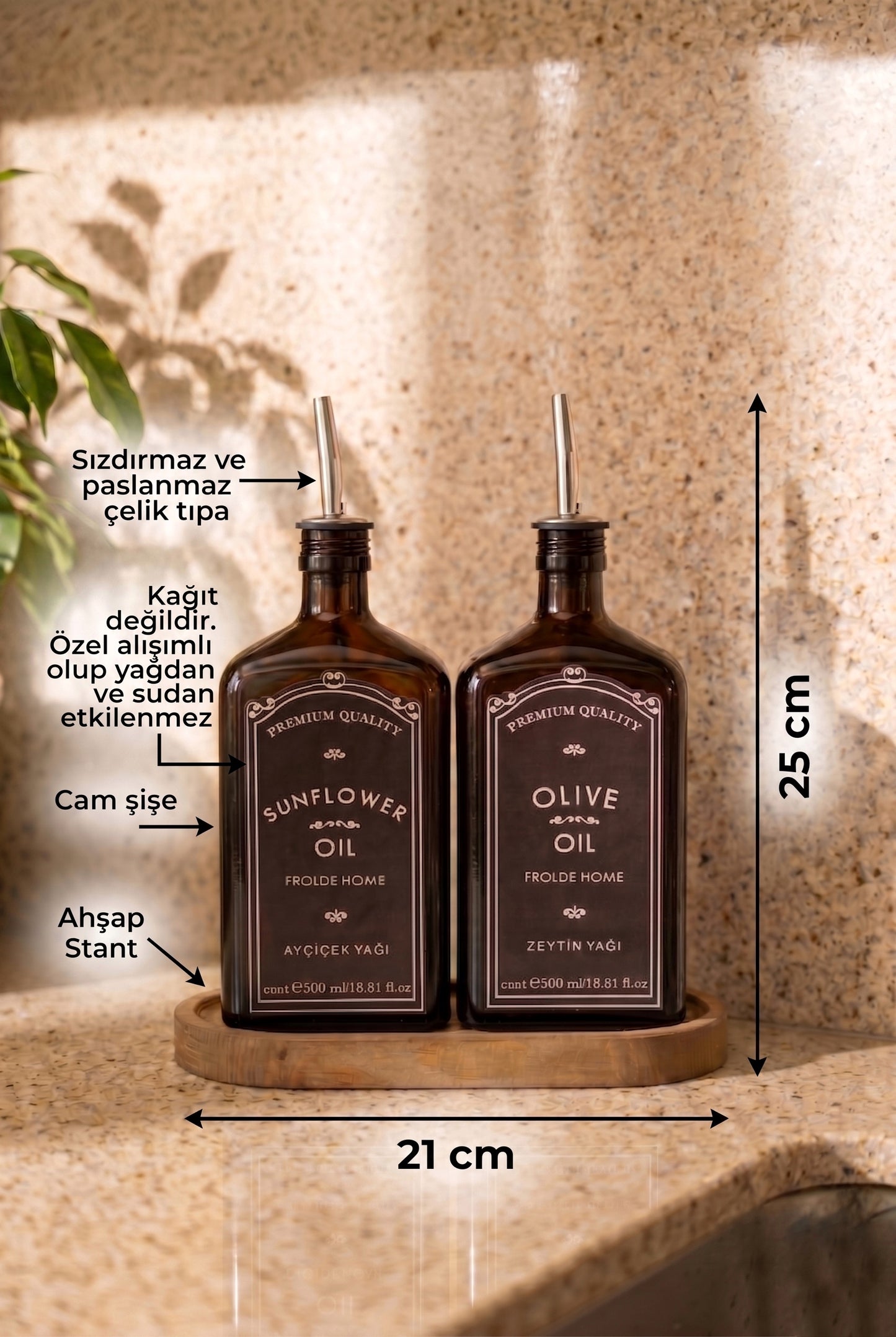 Ahşap Stantlı 2'li Amber 500 ml Yassı Cam Ayçiçek Yağı Zeytinyağı Şişesi Yağdanlık Vintage