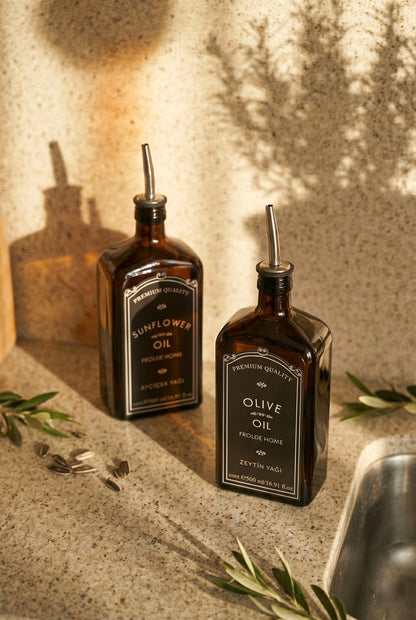 Ahşap Stantlı 2'li Amber 500 ml Yassı Cam Ayçiçek Yağı Zeytinyağı Şişesi Yağdanlık Vintage