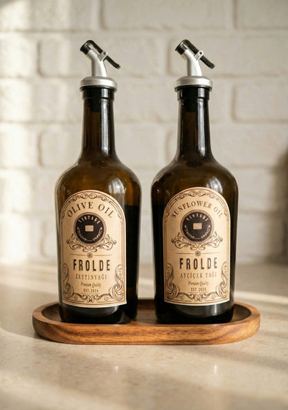 Ahşap Stantlı 2'li Amber 500 ml Cam Ayçiçek Yağı Zeytinyağı Şişesi Yağdanlık