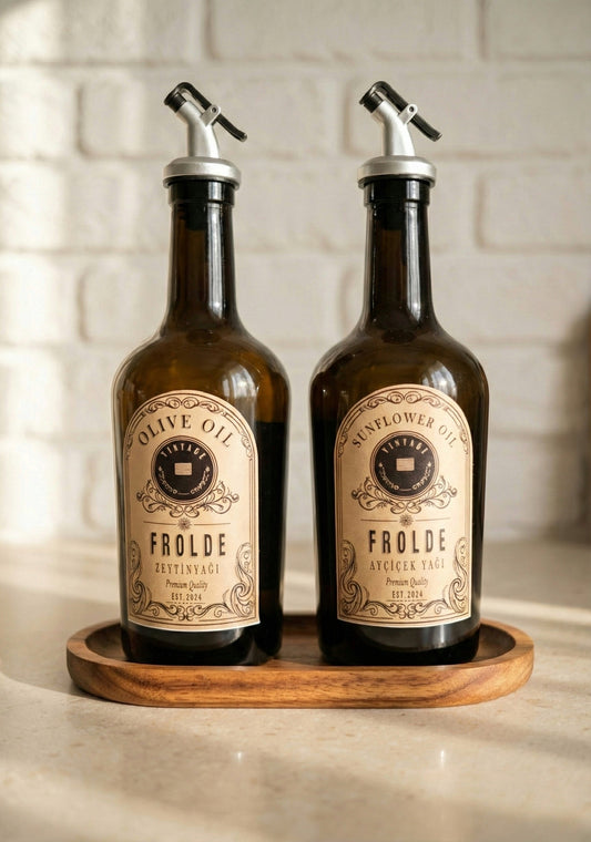 Ahşap Stantlı 2'li Amber 500 ml Cam Ayçiçek Yağı Zeytinyağı Şişesi Yağdanlık