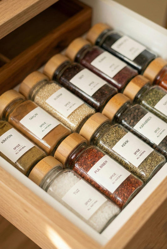 12'li Bambu Kapaklı Kare Cam Baharatlık Takımı Seti (16 ADET ETİKET)