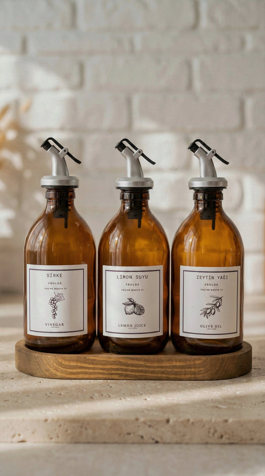 Frolde Home Meftune Oval Ahşap Stantlı Amber Zeytinyağı Limon Suyu Sirke Şişesi Yağdanlık 3lü Set 300ml