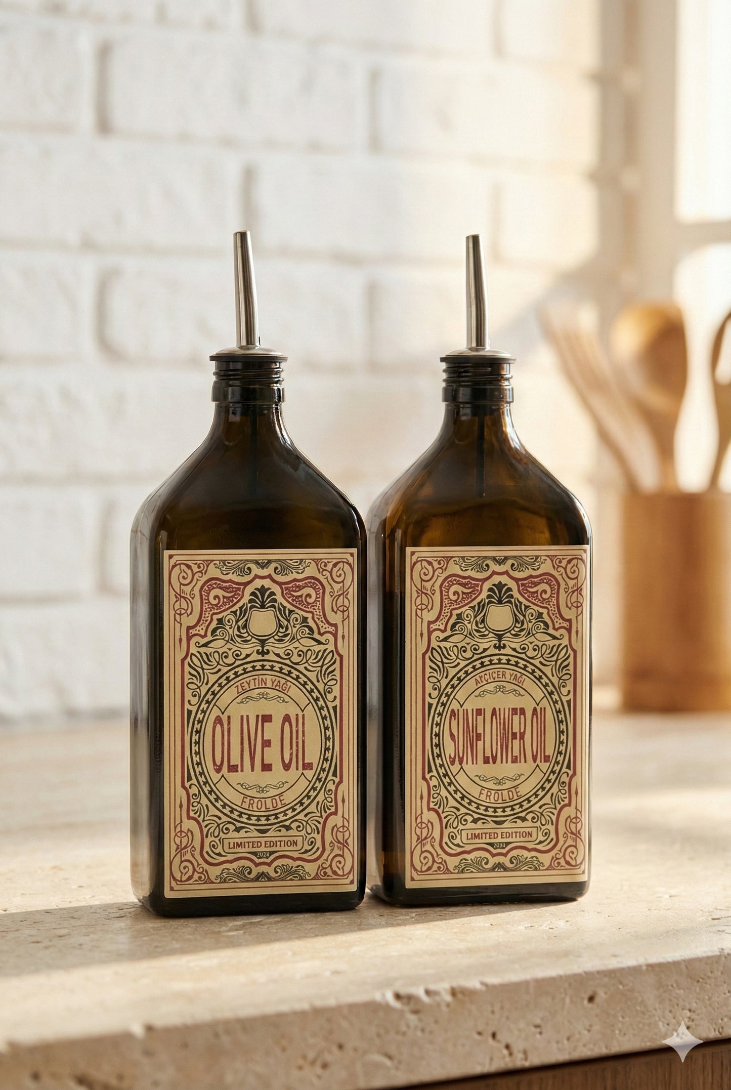 2'li Amber 500 ml Cam Yassı Ayçiçek Yağı Zeytinyağı Şişesi Yağdanlık Vintage Retro