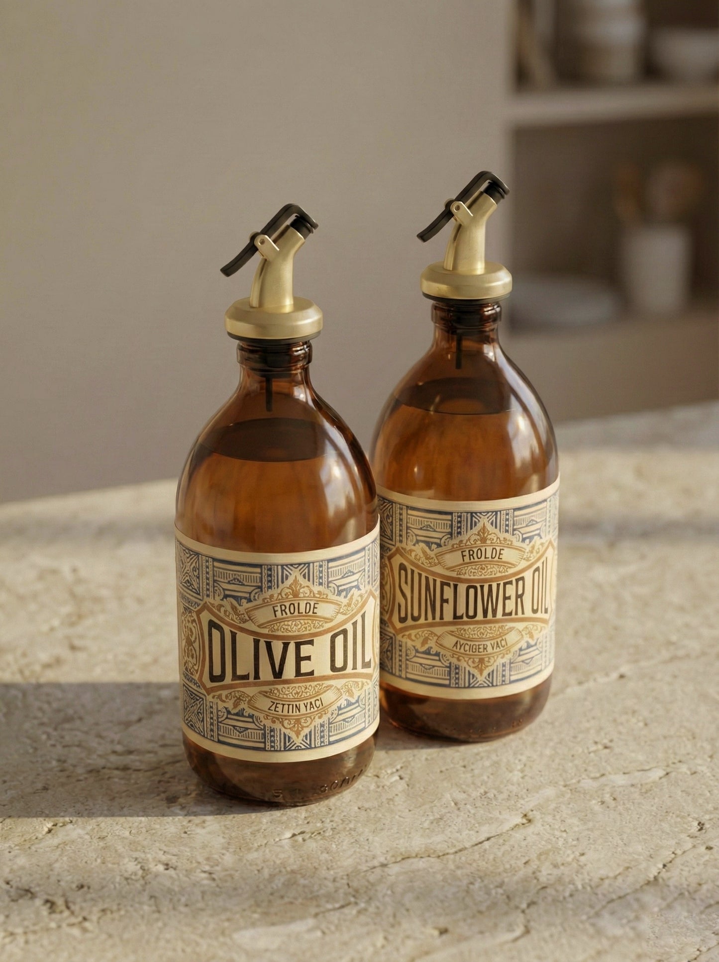 2’li Gold Altın Tıpalı Amber 500 ml Ayçiçek Yağı Zeytinyağı Şişesi Yağdanlık