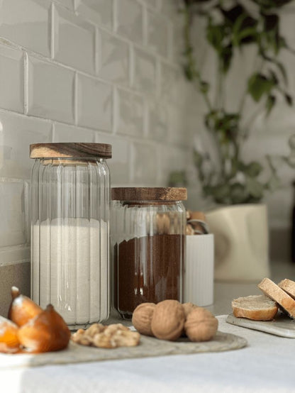 3'lü Akasya Kapaklı Çizgili Model Yüksek Hacimli Kavanoz Seti (500+ 700+ 1000 ml)