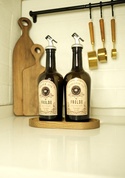 Ahşap Stantlı 2'li Amber 500 ml Cam Ayçiçek Yağı Zeytinyağı Şişesi Yağdanlık