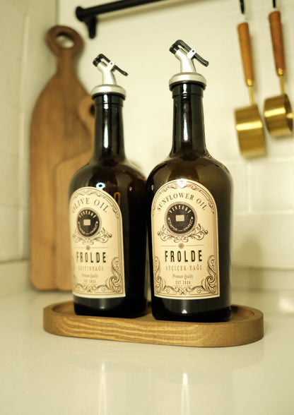 Ahşap Stantlı 2'li Amber 500 ml Cam Ayçiçek Yağı Zeytinyağı Şişesi Yağdanlık