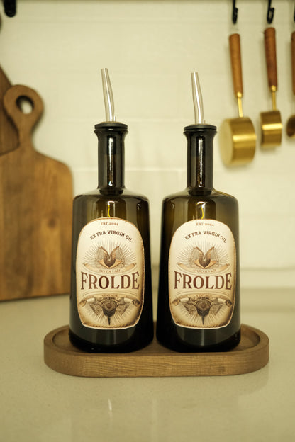 Ahşap Stantlı 2'li Amber 500 ml Cam Ayçiçek Yağı Zeytinyağı Şişesi Yağdanlık