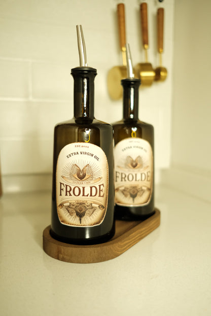 Ahşap Stantlı 2'li Amber 500 ml Cam Ayçiçek Yağı Zeytinyağı Şişesi Yağdanlık