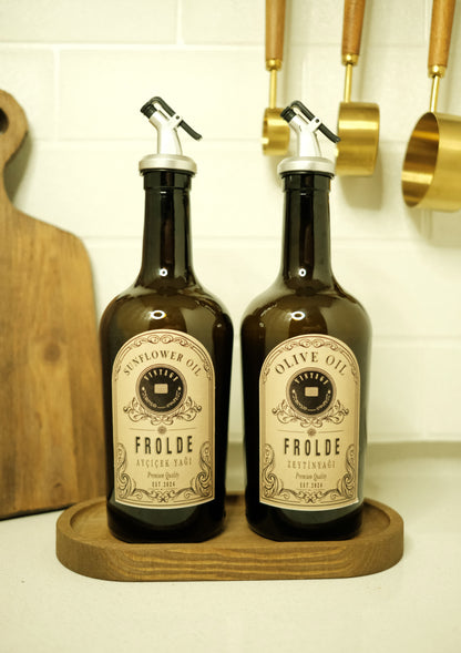 Ahşap Stantlı 2'li Amber 500 ml Cam Ayçiçek Yağı Zeytinyağı Şişesi Yağdanlık