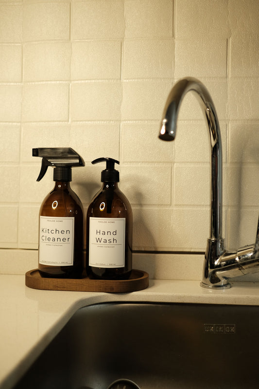 Oval Ahşap Stantlı 2'li Amber Cam Mutfak Temizleyici Bulaşık Deterjanı Şişesi Sabunluk 500ml