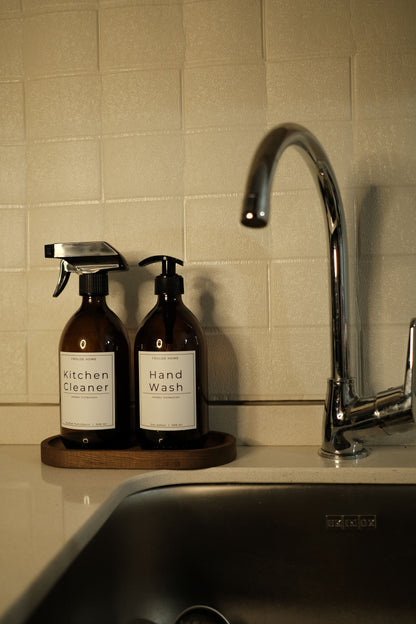 Oval Ahşap Stantlı 2'li Amber Cam Mutfak Temizleyici Bulaşık Deterjanı Şişesi Sabunluk 500ml