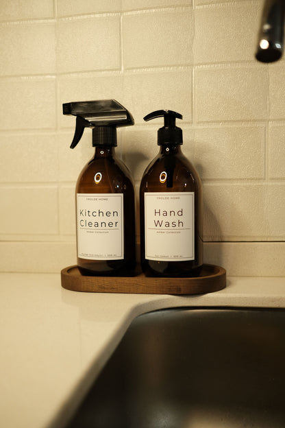 Oval Ahşap Stantlı 2'li Amber Cam Mutfak Temizleyici Bulaşık Deterjanı Şişesi Sabunluk 500ml