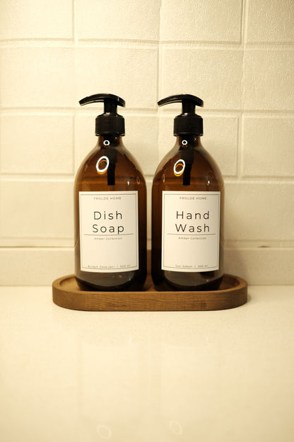 Oval Ahşap Stantlı 2'li Amber Cam Sıvı Sabun Bulaşık Deterjanı Şişesi Sabunluk 500ml