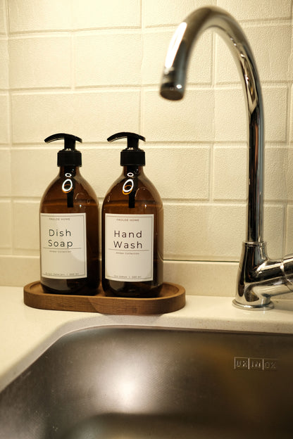 Oval Ahşap Stantlı 2'li Amber Cam Sıvı Sabun Bulaşık Deterjanı Şişesi Sabunluk 500ml