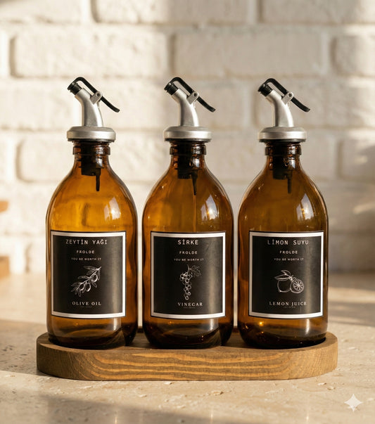Frolde Home Meftune Oval Ahşap Stantlı Amber Zeytinyağı Limon Suyu Sirke Şişesi Yağdanlık 3lü Set 300ml