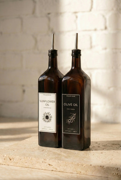 Ahşap Stantlı 2'li Vintage Amber 1000 Ml Cam Ayçiçek Yağı Zeytinyağı Şişesi Yağdanlık