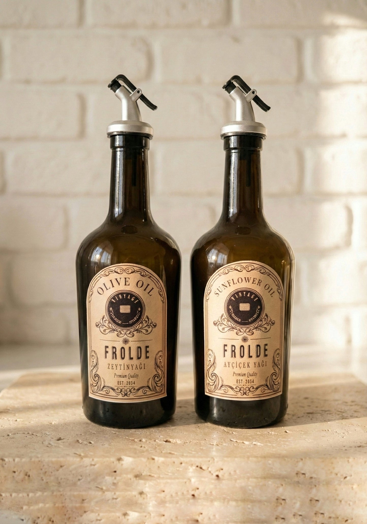 Ahşap Stantlı 2'li Amber 500 ml Cam Ayçiçek Yağı Zeytinyağı Şişesi Yağdanlık