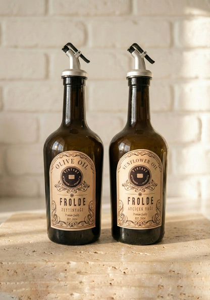 Ahşap Stantlı 2'li Amber 500 ml Cam Ayçiçek Yağı Zeytinyağı Şişesi Yağdanlık