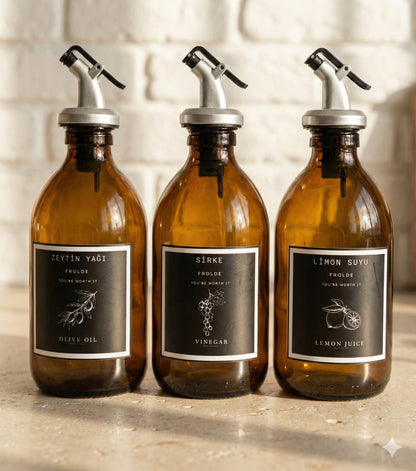 Frolde Home Meftune Oval Ahşap Stantlı Amber Zeytinyağı Limon Suyu Sirke Şişesi Yağdanlık 3lü Set 300ml