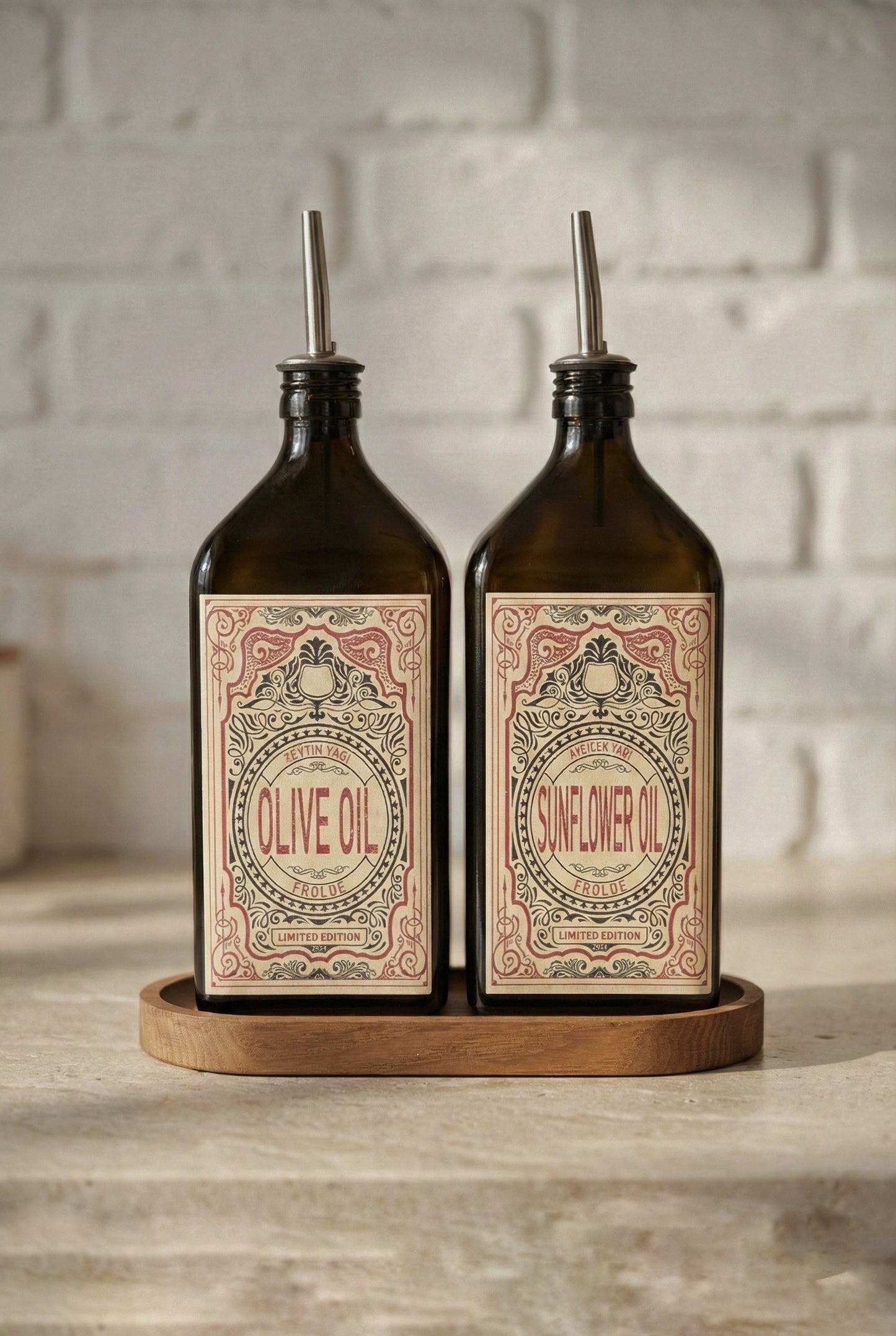 Ahşap Stantlı 2'li Amber 500 ml Yassı Cam Ayçiçek Yağı Zeytinyağı Şişesi Yağdanlık