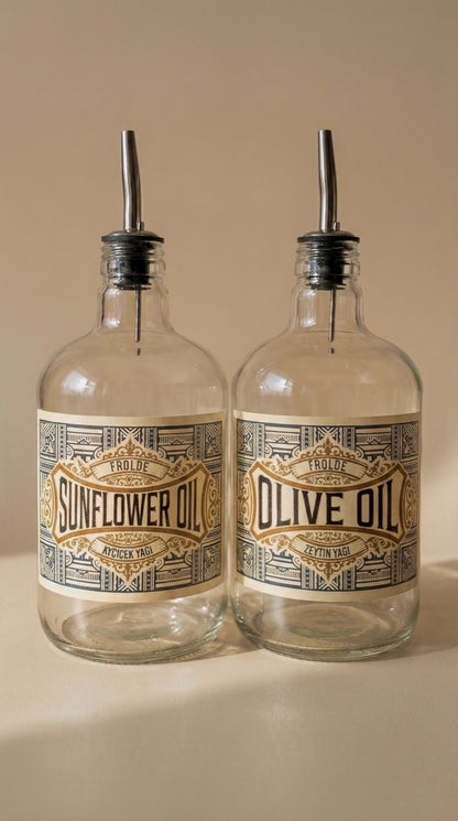 2'li Şeffaf Çelik Tıpalı 750Ml Cam Ayçiçek Yağı Zeytinyağı Şişesi Yağdanlık Vintage Retro