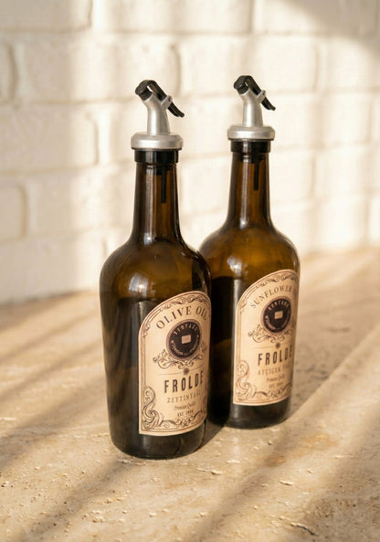 Ahşap Stantlı 2'li Amber 500 ml Cam Ayçiçek Yağı Zeytinyağı Şişesi Yağdanlık