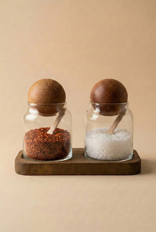 Ahşap Top Kapaklı Şeffaf Cam Tuz ve Karabiber Kavanozu Seti – Ahşap Standlı 2'li Set / 290 ml