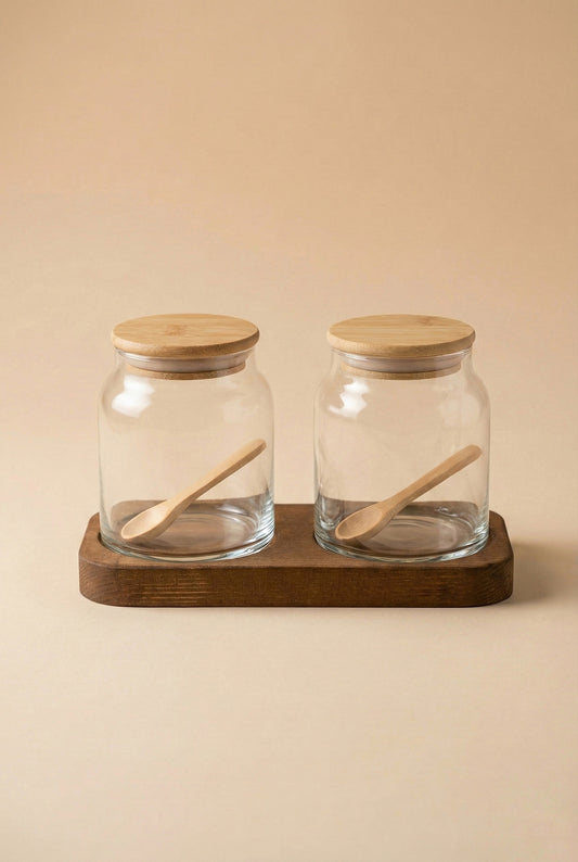 Ahşap Kapaklı Şeffaf Cam Tuz ve Karabiber Kavanozu Seti – Ahşap Standlı 2'li Set / 290 ml
