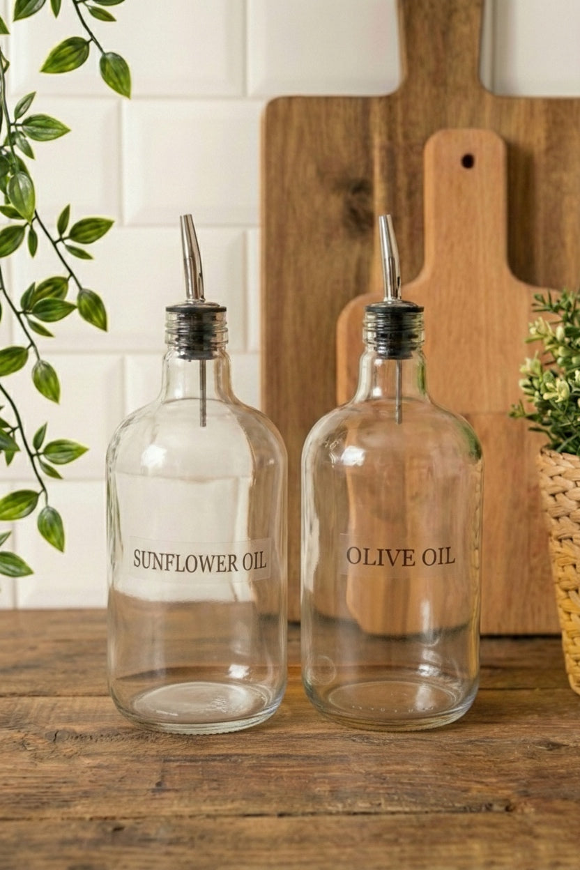 Ahşap Stantlı 2'li ÇelikTıpalı 750Ml Cam Ayçiçek Yağı Zeytinyağı Şişesi Yağdanlık Vintage Retro