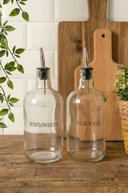 Ahşap Stantlı 2'li ÇelikTıpalı 750Ml Cam Ayçiçek Yağı Zeytinyağı Şişesi Yağdanlık Vintage Retro