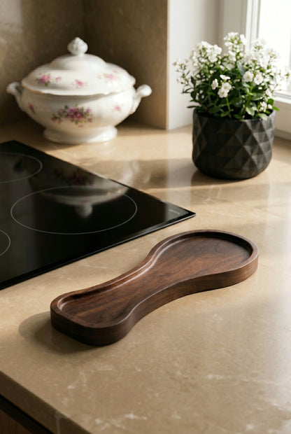 Doğal Ahşap Akasya Kaşık/Kepçe Altlığı 23×9×2 cm – Tezgâh Üstü Spoon Rest, Koyu Ahşap