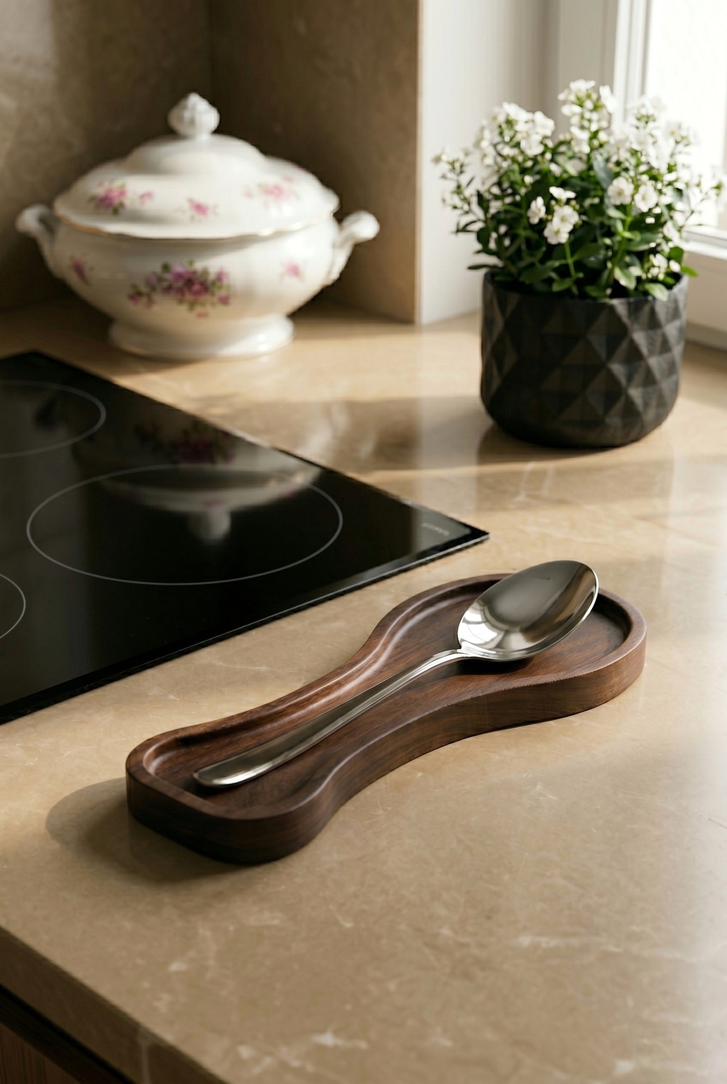 Doğal Ahşap Akasya Kaşık/Kepçe Altlığı 23×9×2 cm – Tezgâh Üstü Spoon Rest, Koyu Ahşap