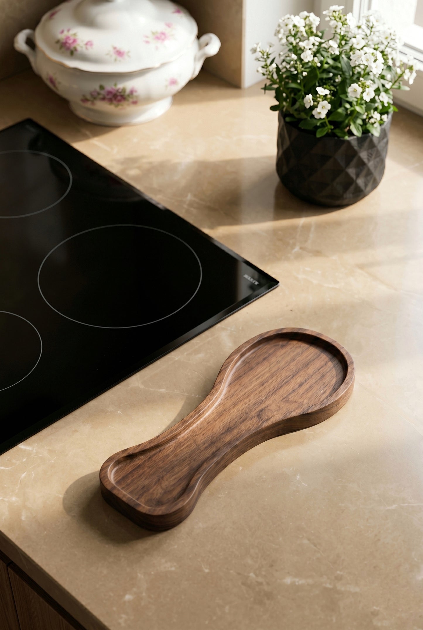 Doğal Ahşap Akasya Kaşık/Kepçe Altlığı 23×9×2 cm – Tezgâh Üstü Spoon Rest, Koyu Ahşap