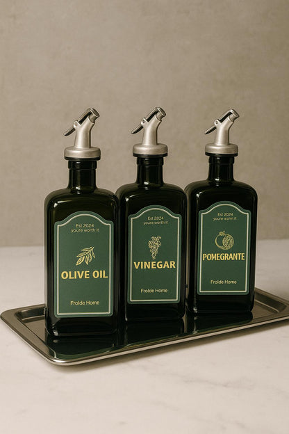 Çelik Stantlı 3lü Amber Set Zeytinyağı Sıvıyağ Sirke Şişesi Yağdanlık Vintage Retro
