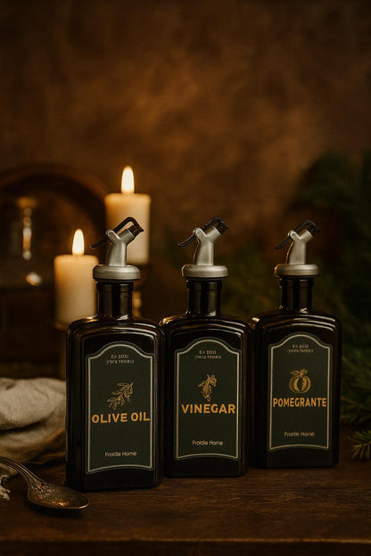 3lü Amber Set Zeytinyağı Sıvıyağ Sirke Şişesi Yağdanlık Vintage Retro