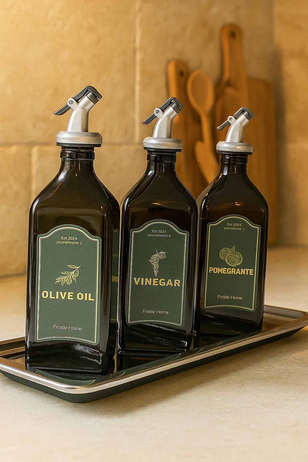 Çelik Stantlı 3lü Amber Set Zeytinyağı Sıvıyağ Sirke Şişesi Yağdanlık Vintage Retro