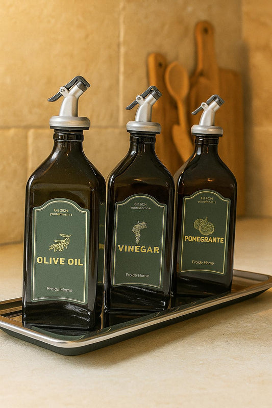 Çelik Stantlı 3lü Amber Set Zeytinyağı Sıvıyağ Sirke Şişesi Yağdanlık Vintage Retro