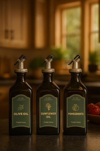 3lü Amber Set Zeytinyağı Sıvıyağ Sirke Şişesi Yağdanlık Vintage Retro