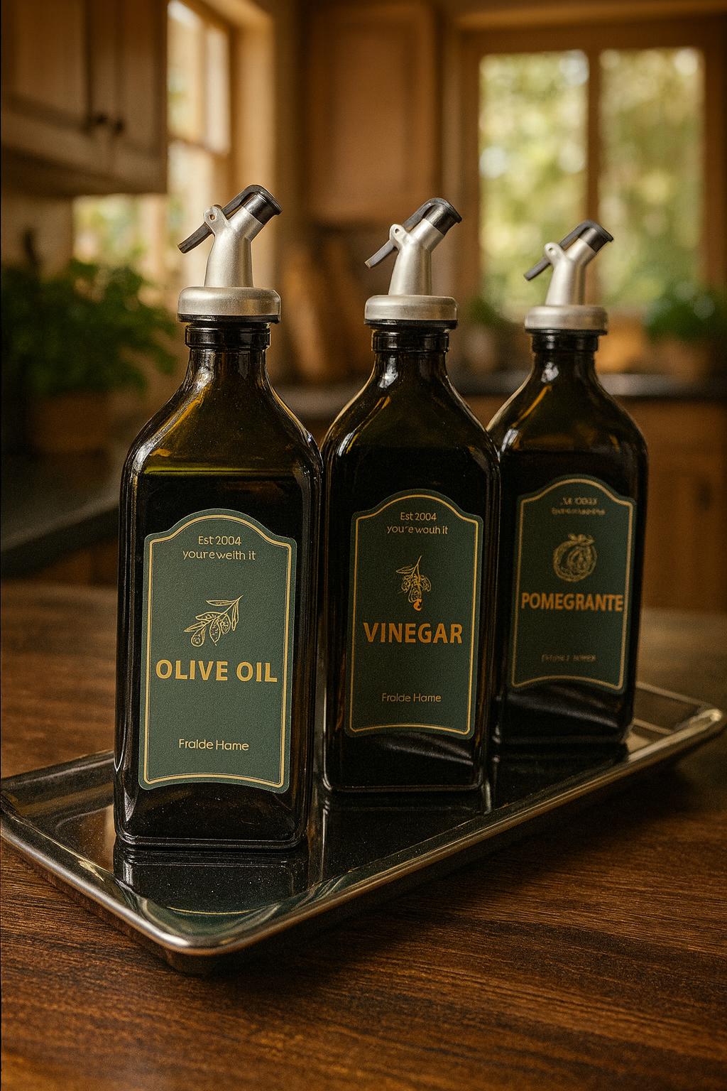 Çelik Stantlı 3lü Amber Set Zeytinyağı Sıvıyağ Sirke Şişesi Yağdanlık Vintage Retro