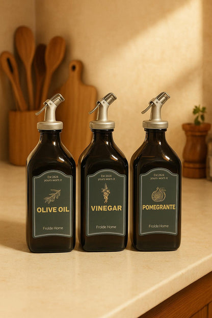 3lü Amber Set Zeytinyağı Sıvıyağ Sirke Şişesi Yağdanlık Vintage Retro