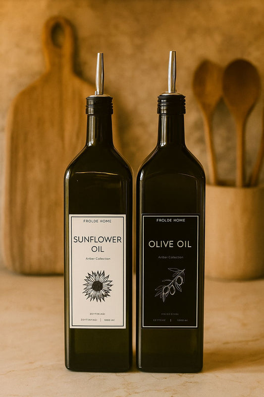 2'li Amber 1000 Ml Cam Ayçiçek Yağı Zeytinyağı Şişesi Yağdanlık Vintage