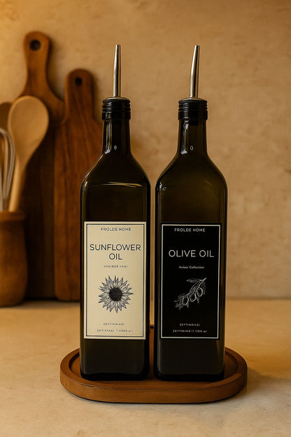 Ahşap Stantlı 2'li Vintage Amber 1000 Ml Cam Ayçiçek Yağı Zeytinyağı Şişesi Yağdanlık