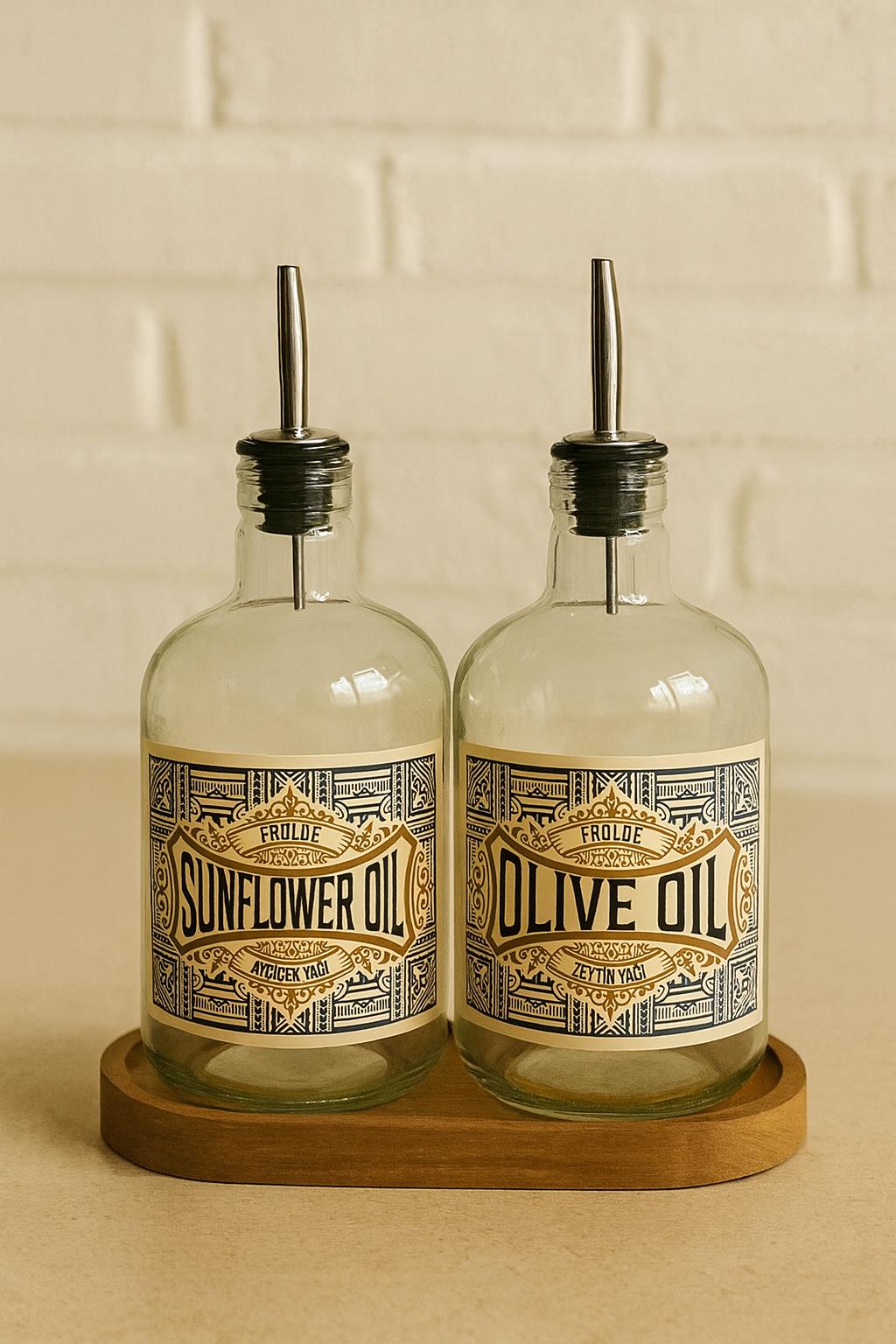 Ahşap Stantlı 2'li ÇelikTıpalı 750Ml Cam Ayçiçek Yağı Zeytinyağı Şişesi Yağdanlık Vintage Retro