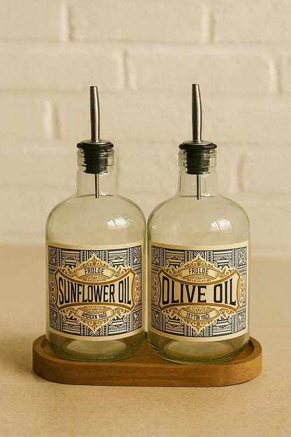 Ahşap Stantlı 2'li ÇelikTıpalı 750Ml Cam Ayçiçek Yağı Zeytinyağı Şişesi Yağdanlık Vintage Retro
