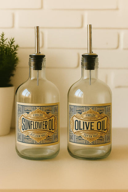 2'li Şeffaf Çelik Tıpalı 750Ml Cam Ayçiçek Yağı Zeytinyağı Şişesi Yağdanlık Vintage Retro