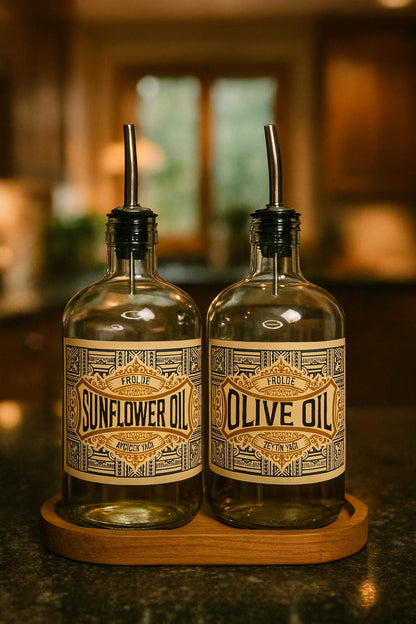 Ahşap Stantlı 2'li ÇelikTıpalı 750Ml Cam Ayçiçek Yağı Zeytinyağı Şişesi Yağdanlık Vintage Retro
