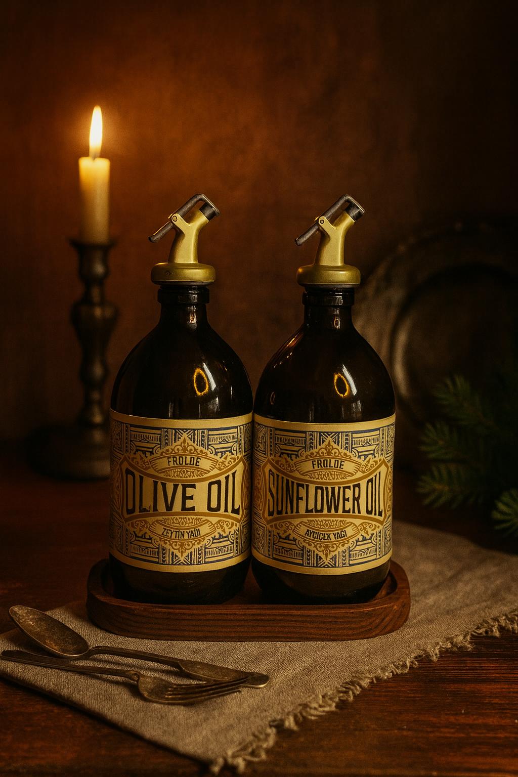 2’li Gold Altın Tıpalı Amber 500 ml Ayçiçek Yağı Zeytinyağı Şişesi Yağdanlık